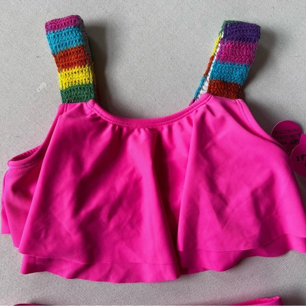 NWT Betsey Johnson Girls Swimsuit 2 Piece Size 10 Pink / Rainbow Ruffles